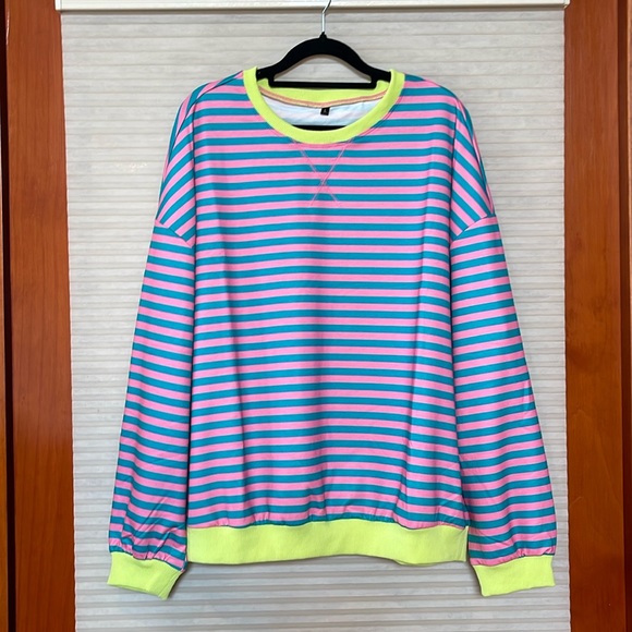 NWOT green and pink striped crew long sleeve top size large - Picture 1 of 8